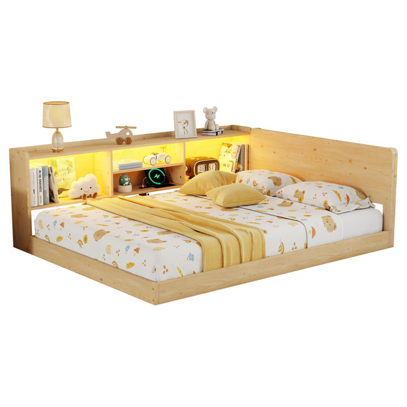 Cadre de lit Montessori en forme de L avec rangement latéral, station de recharge intégrée et lumière DEL pour enfants