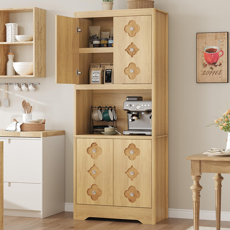 72" H Kitchen Pantry Cabinet with Open Shelf, Crystal Knobs, Microwave Stand & Adjustable Storage, Beige