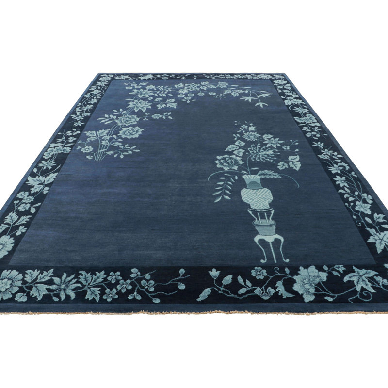 Art Deco Handmade Kilim Wool Floral Area Rug, Rectangle 12' x 18'