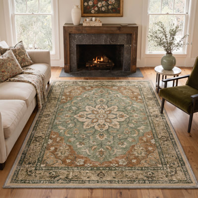 Tapis oriental traditionnel vert/brun à poils courts, lavable et antidérapant