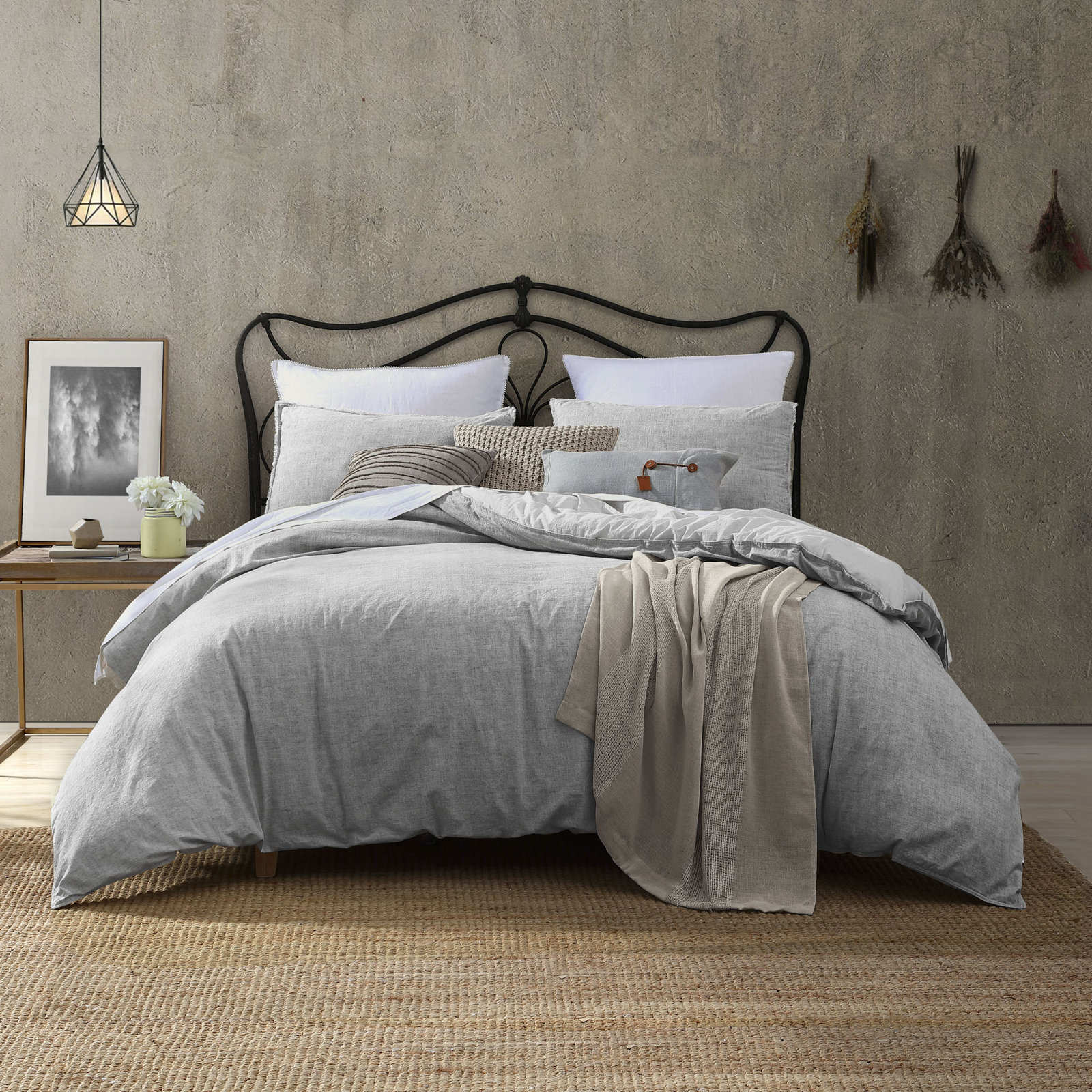 Emington Cotton Comforter Set, King Comforter + 2 King Shams, Light Gray