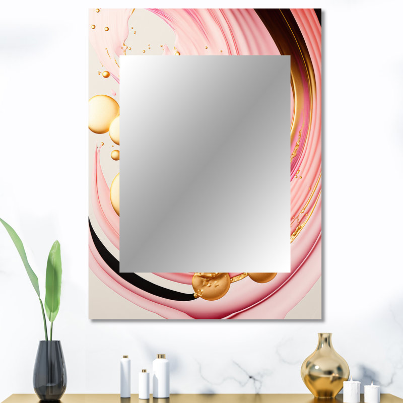 Pink And Gold Abstract Circles II - Abstract Spirals Mirror, Pink Unique Wall Mirror, Printed Metal Art, 40" x 30"