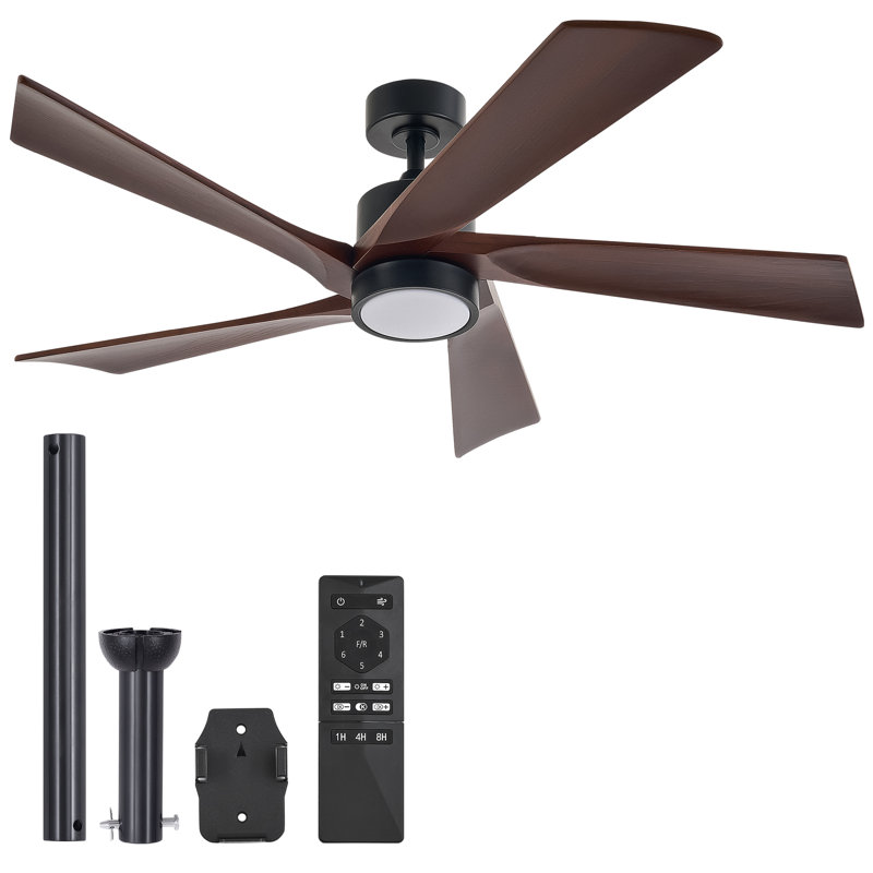 5-Blade Transitional Modern Solid Wood LED Ceiling Fan with Dimmable Light and Remote, 52" Wide