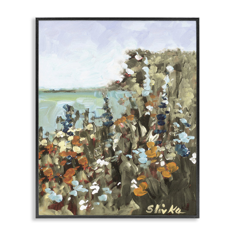 Floral sur la côte, estampe numérique, conception par JANE SLIVKA, H 14 po x l 11 po, Giclée encadrée noir minuit