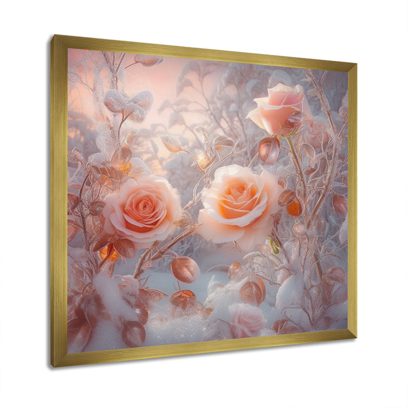 «Peach Enchanted Roses III», reproduction d'art sur toile, H 30 po x l 30 po x P 1 po, Cadre flottant doré