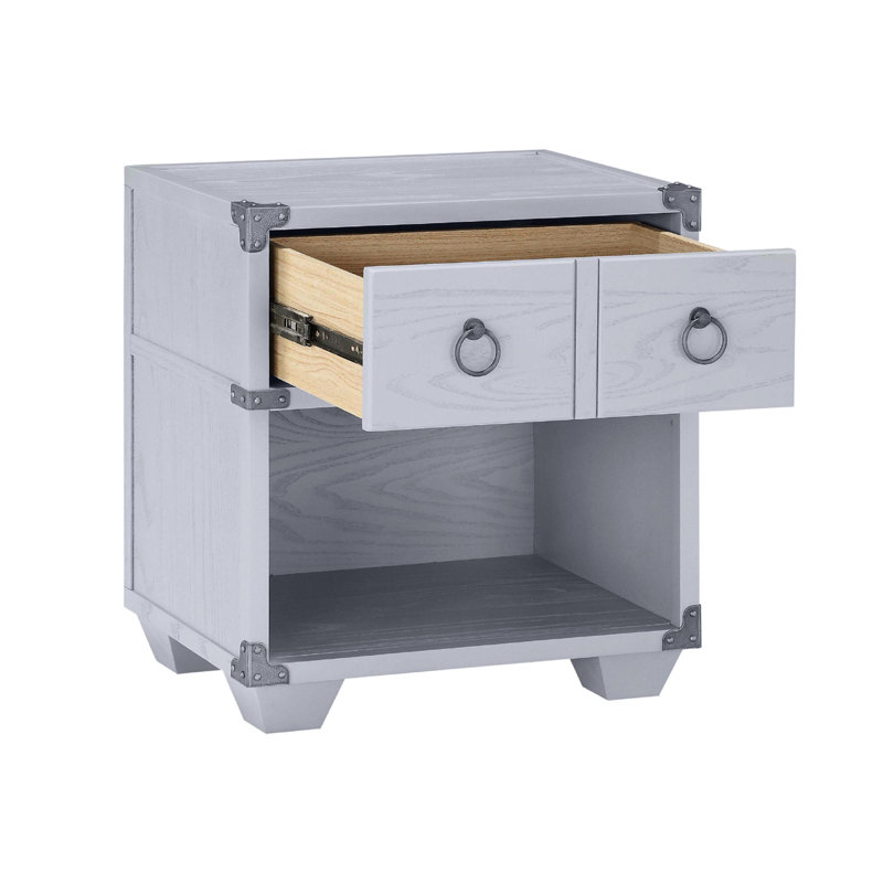 Table de chevet grise avec rangement et supports métalliques