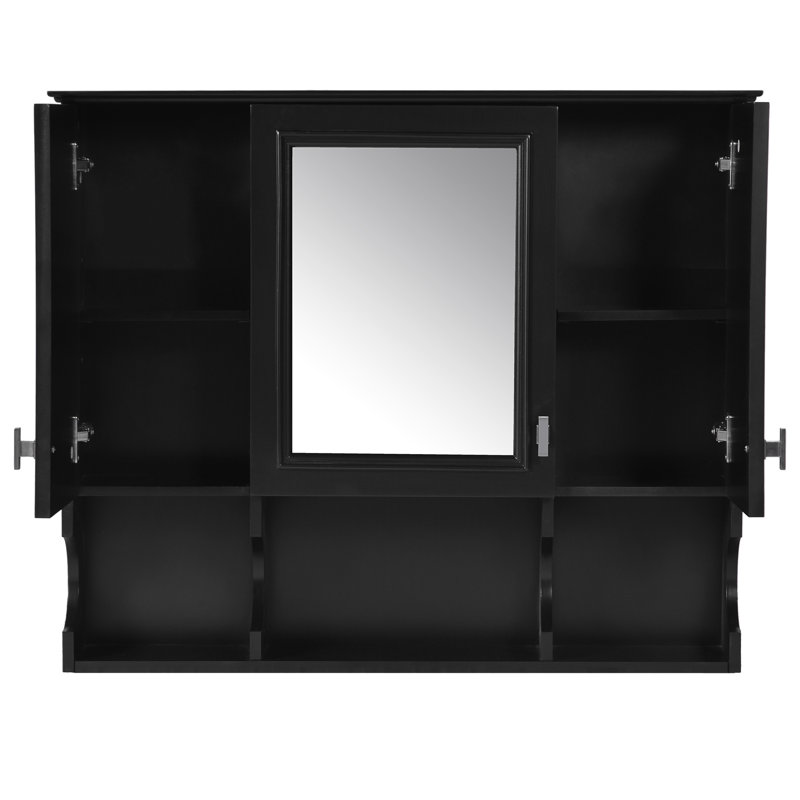35'' X 28'' Bathroom Wall - Mounted Medicine Cabinet With And Three Adjustable Shelves Glass Mirror Storage, Black
