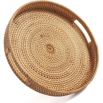Round Rattan Coffee Table Tray With Handles, Natural Woven Ottoman Serving Tray For Home, Kitchen And Decorative Decor