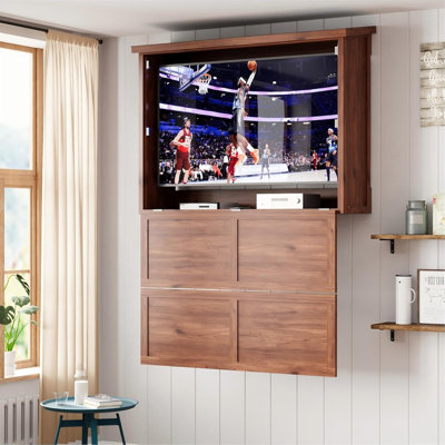 Meuble télé mural en bois 55 po pour téléviseur de 32 po à 55 po | Boîte de télévision extérieure résistante aux intempéries, fixation murale réglable, porte verticale, meuble télé de protection pour terrasse, noyer peu encombrant