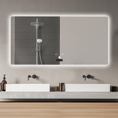 Miroir de salle de bain 48 po x 32 po sans cadre avec lumière, miroir rétroéclairé à DEL, gradation tricolore, fonction antibuée, imperméable, capteur intelligent