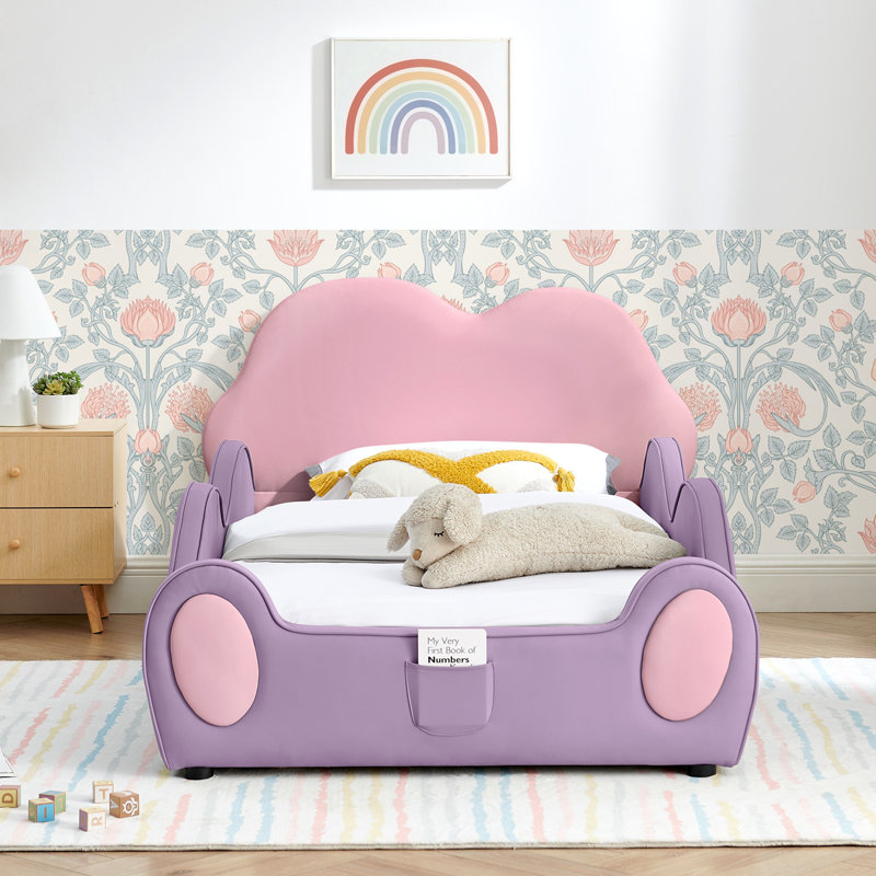 Lit d'enfant simple en similicuir en forme de nuage avec garde-corps et lit de sécurité pour tout-petits, Rose / Mauve