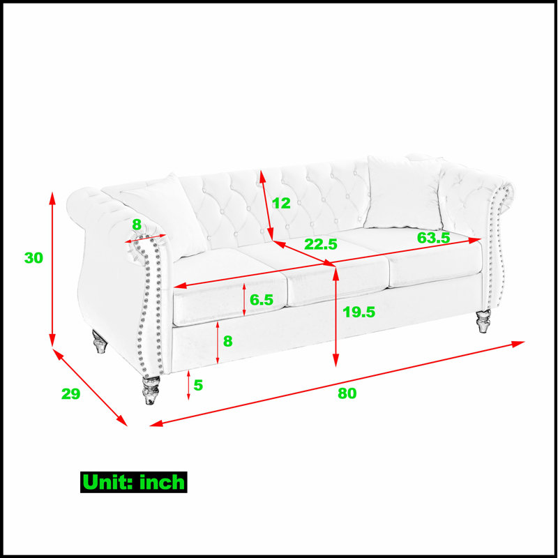 Canapé Chesterfield 80 po en velours gris pour salon, canapé 3 places