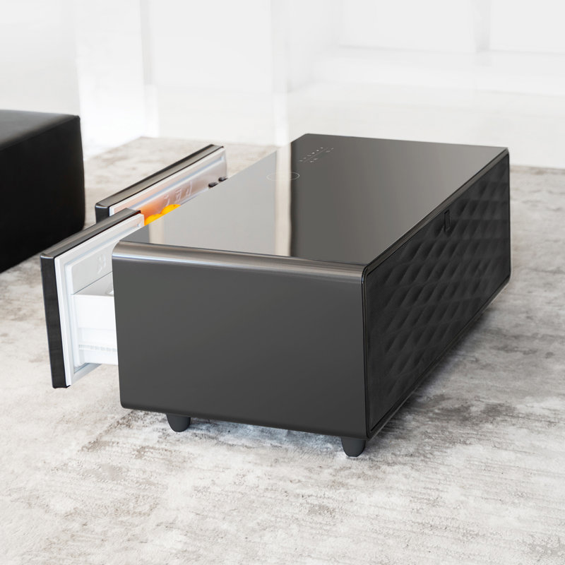 Table basse moderne et intelligente avec tiroirs intégrés pour réfrigérateur et congélateur, haut-parleur Bluetooth, chargement sans fil, panneau de commande tactile, USB, protection pour prise de courant, lumière d'ambiance, brun