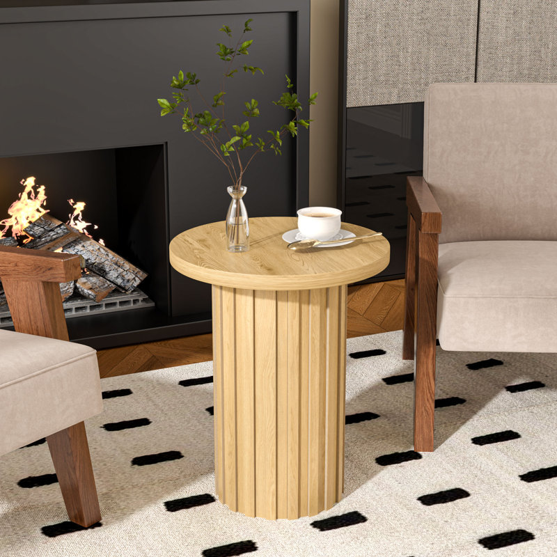 Round End Table With Fluted Pedestal Base, Side Table With Strip Columns Base, Wood