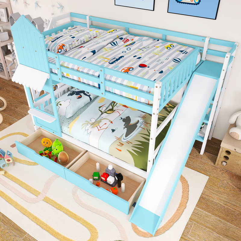 Lit superposé double au-dessus de double avec cadre en bois avec 2 tiroirs, 3 tablettes et glissade, Bleu
