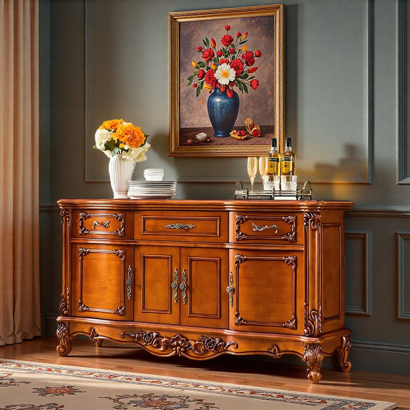 European Style Retro Carved Sideboard, 34.25" H x 55.12" W x 17.72" D