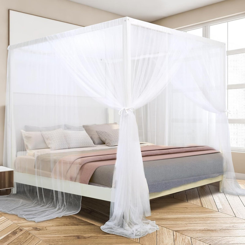 White Canopy Bed Curtains, 4 Corner Post Bed Canopy, Top Luxurious Bed Drapes