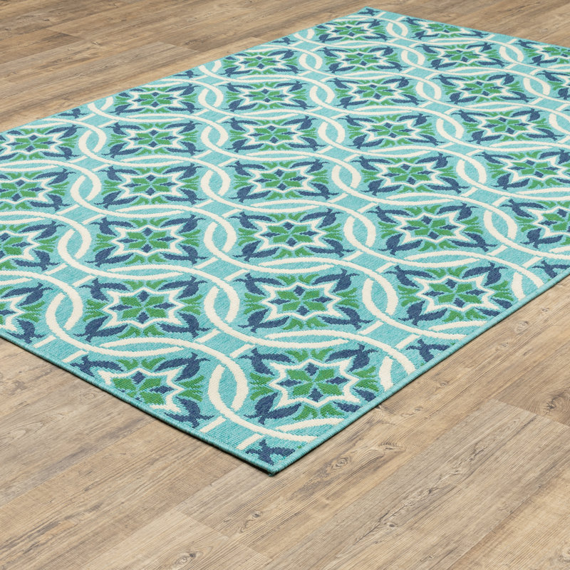 Tapis intérieur / extérieur bleu / vert Jaeden, Rectangle 1 pi 10 po x 2 pi 10 po