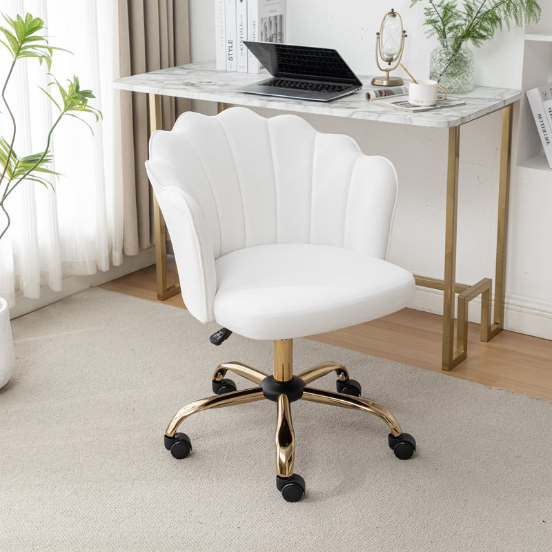 Chaise de bureau pivotante en velours Izdyhaar avec dossier capitonné, Ivoire