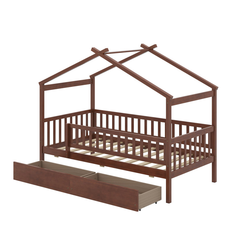 Lit simple en bois avec tiroirs, Noyer