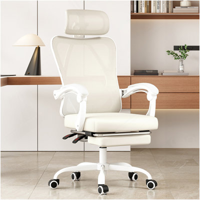 Chaise de bureau ergonomique avec repose-pieds, chaise de bureau en filet avec appui-tête, chaise d'ordinateur à haut dossier avec support lombaire réglable pour la chambre d'étude de bureau à domicile, beige