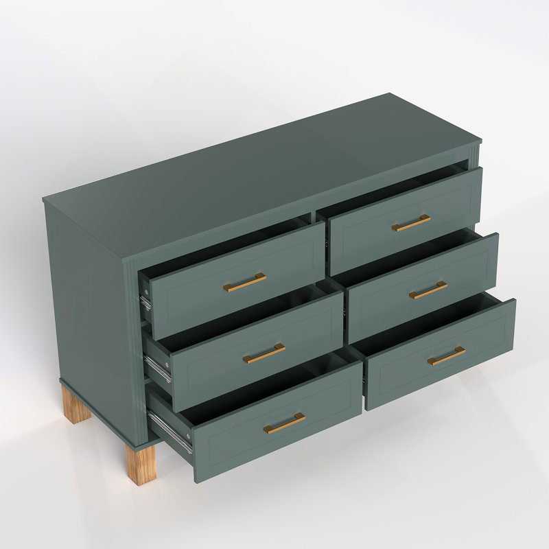Commode 6 tiroirs, commode de rangement moderne avec poignées en métal et pieds en bois massif, Vert clair