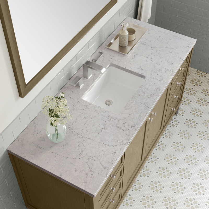 Chicago 60"W Single Vanity W/ Freepower Wireless Charger, Walnut Whisper, Eternal Jasmine Pearl