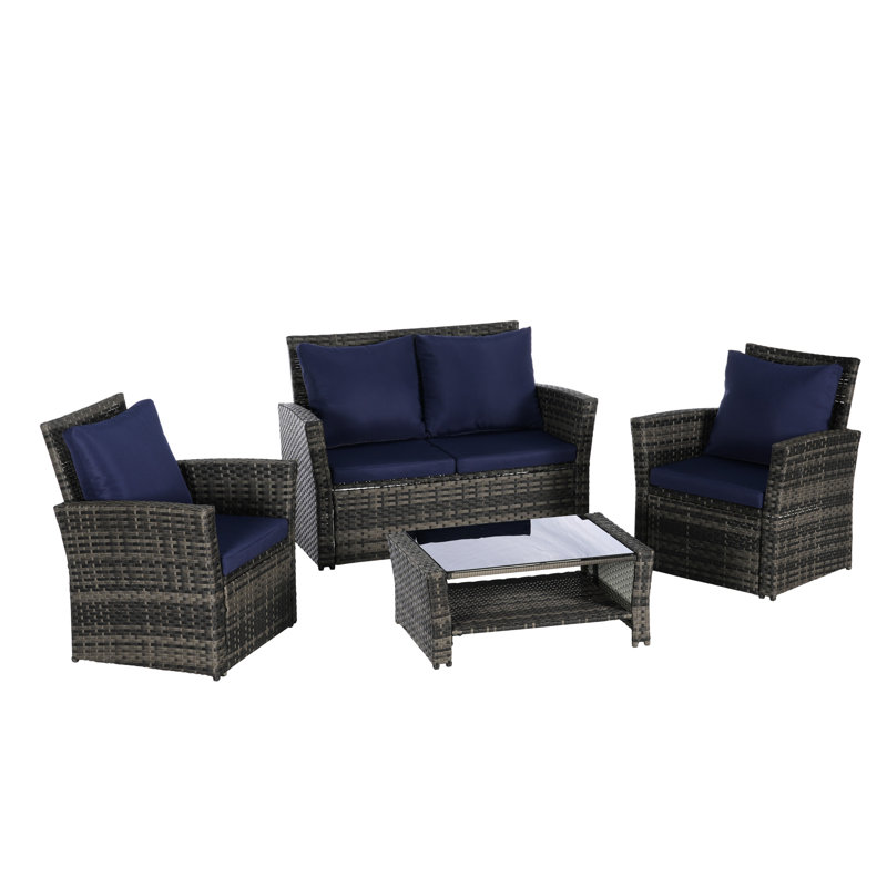 4 Pieces Outdoor Patio Chair , Garden Furniture With Coffee Table, - Material, For Backyard, Garden, Balcony, Poolside, Dark Blue, Water 4 Furniture, Cushions, Porch, Blue