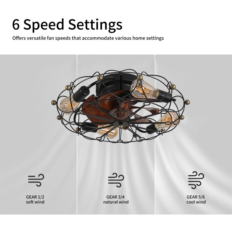 SpinningLinear 20 In. Low Profile Caged Ceiling Fan With Lights Remote Control, Embedded Modern Industrial Ceiling Fan, Black