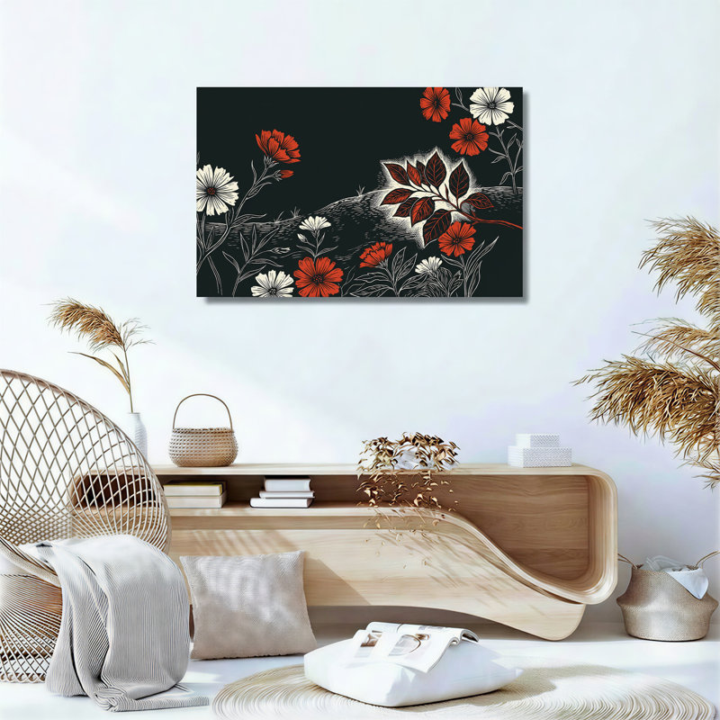 Art sur toile, fleurs rouges et blanches sur fond foncé, H 20 po x l 30 po