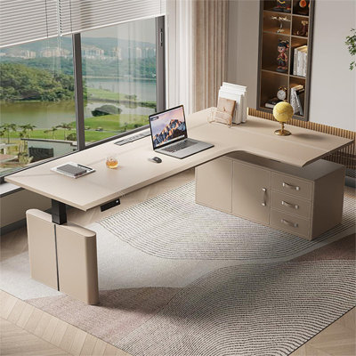 Light-coffee L-Shaped Hight adjustable Manufactured Wood + Carbon Steel 3 drawers desk