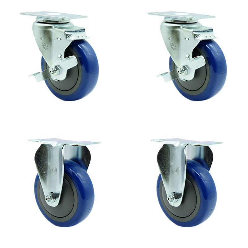 Ensemble de roulettes en polyuréthane avec roulettes et 2 freins 2 Rigid_20S414-PPUB-TLB-TP3-2-R-2, Bleu