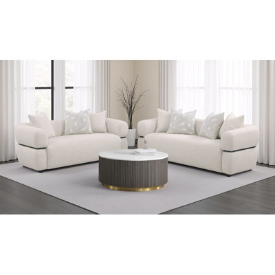Hennis 2-Piece Fabric Upholstered Round Arm Sofa Set Beige