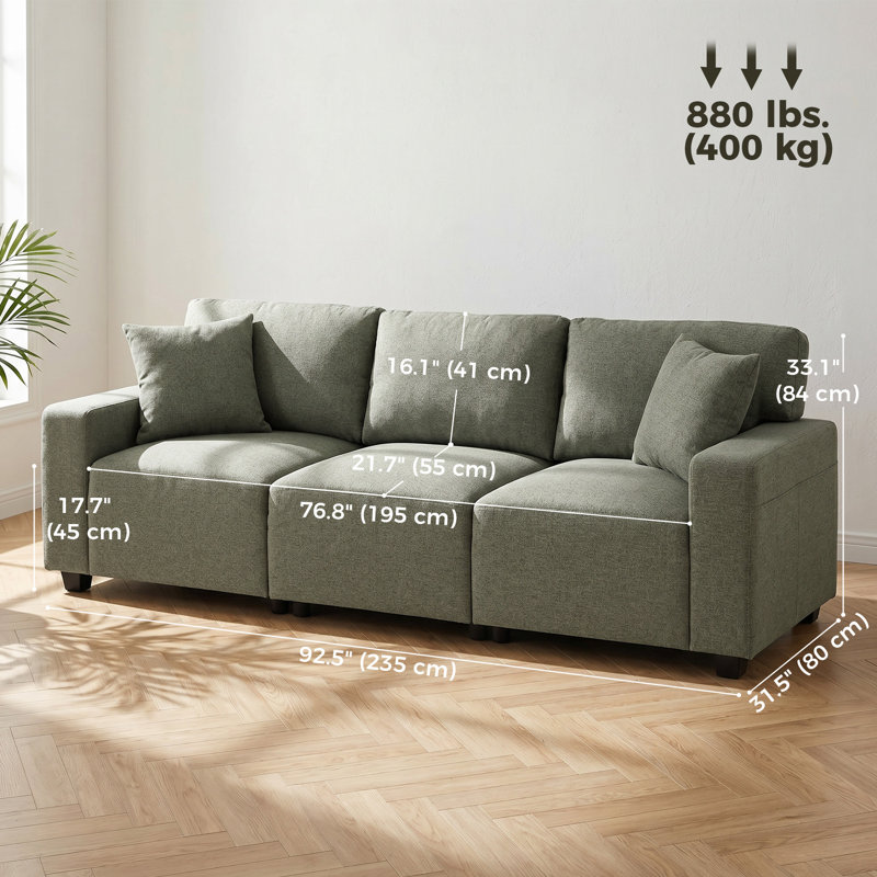 Canapé 3 places, petit canapé avec ressorts ensachés, coussins, vert, Green Polyester
