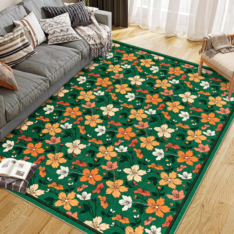 Washable Boho Floral, Non-Slip, Low Pile, Soft Throw Rug for Entryway, Kitchen, Kids Room, Green, Small Machine Washable.