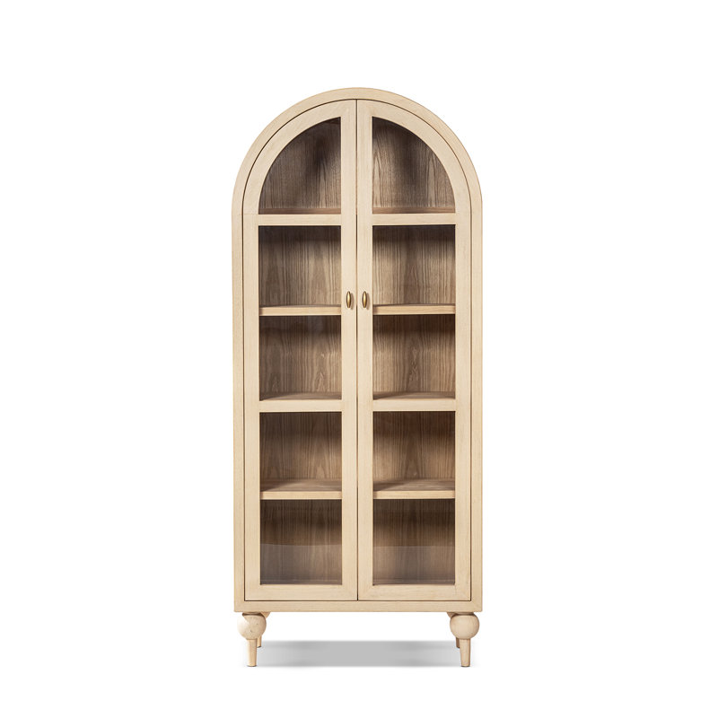Vitrine Marlowe 83 po avec porte vitrée cintrée en pin recyclé, blanc brossé, bois de pin recyclé blanc brossé
