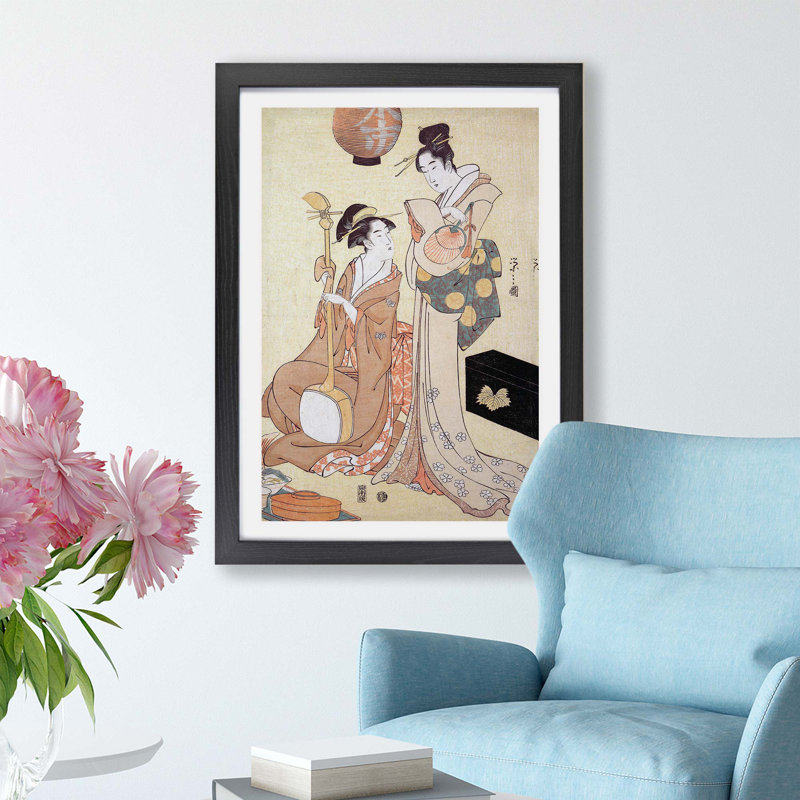 Two Geisha by Chobunsai Eishi - Single Picture Frame Painting, 45cm H x 63cm W x 2cm D, Black
