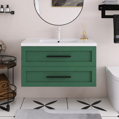 Meuble-lavabo flottant mural vert avec lavabo en céramique blanche, 2 tiroirs
