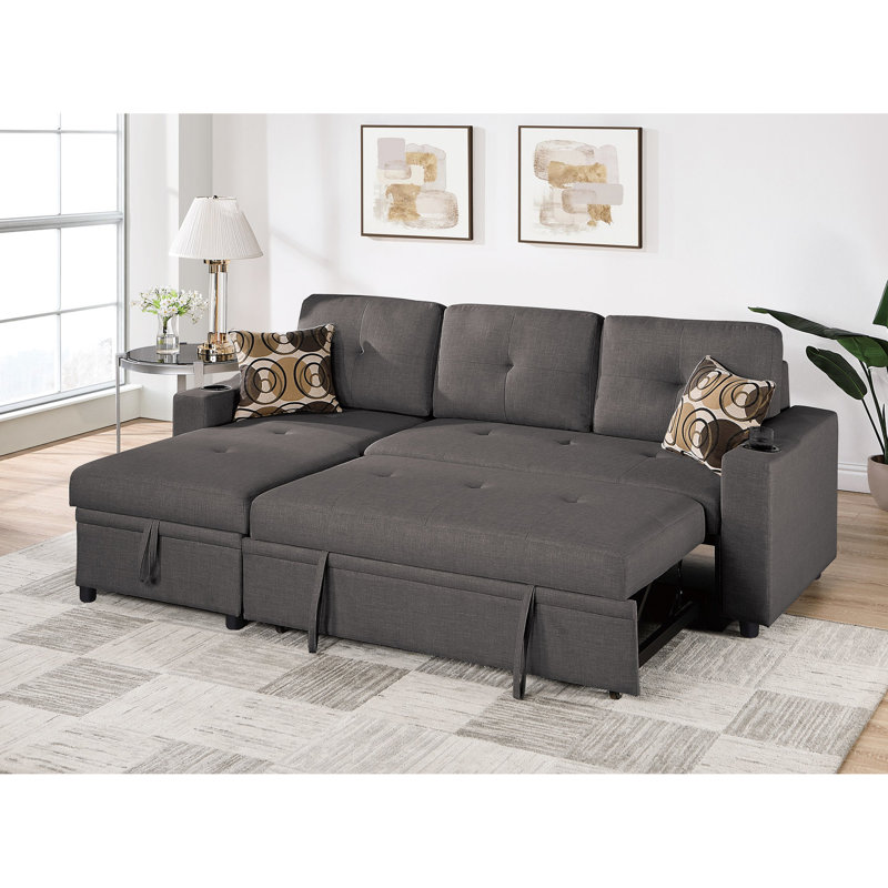 Modern L-shaped Sectional, Solid Wood + Plywood, Cup Holders, Storage Ash Black Convertible 4 Seat, Reversible Chaise With & Pillows