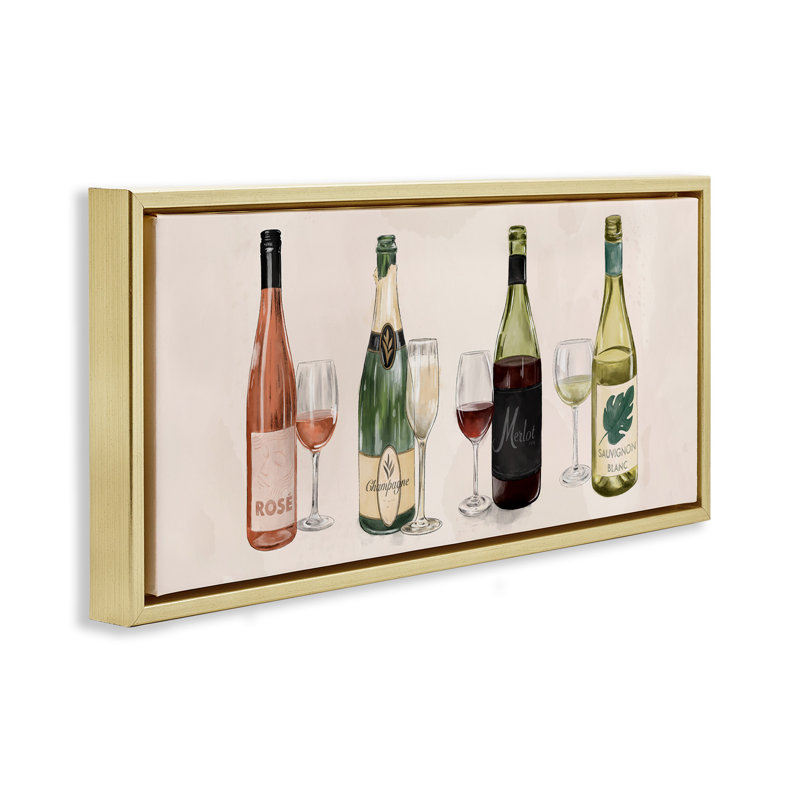 Diverses bouteilles de vin et de champagne, H 11 po x l 25 po, Cadre flottant métallique doré