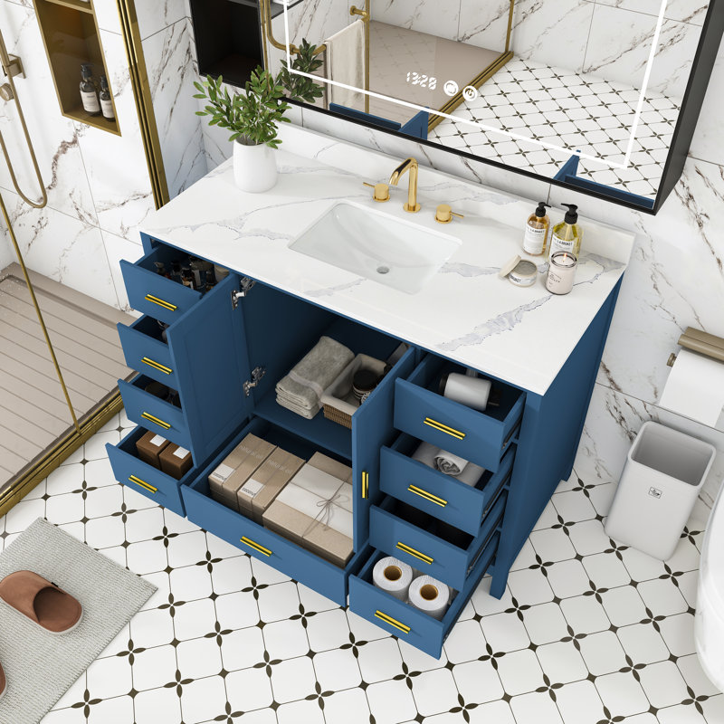 Ensemble de meuble-lavabo moderne bleu avec dessus en quartz 49 po et portes à fermeture douce