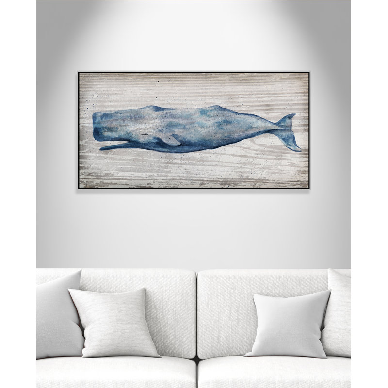 Baleine bleue Brannen - reproduction de cadre photo, H 31,5 po x l 61,5 po, Toile avec cadre flottant, White