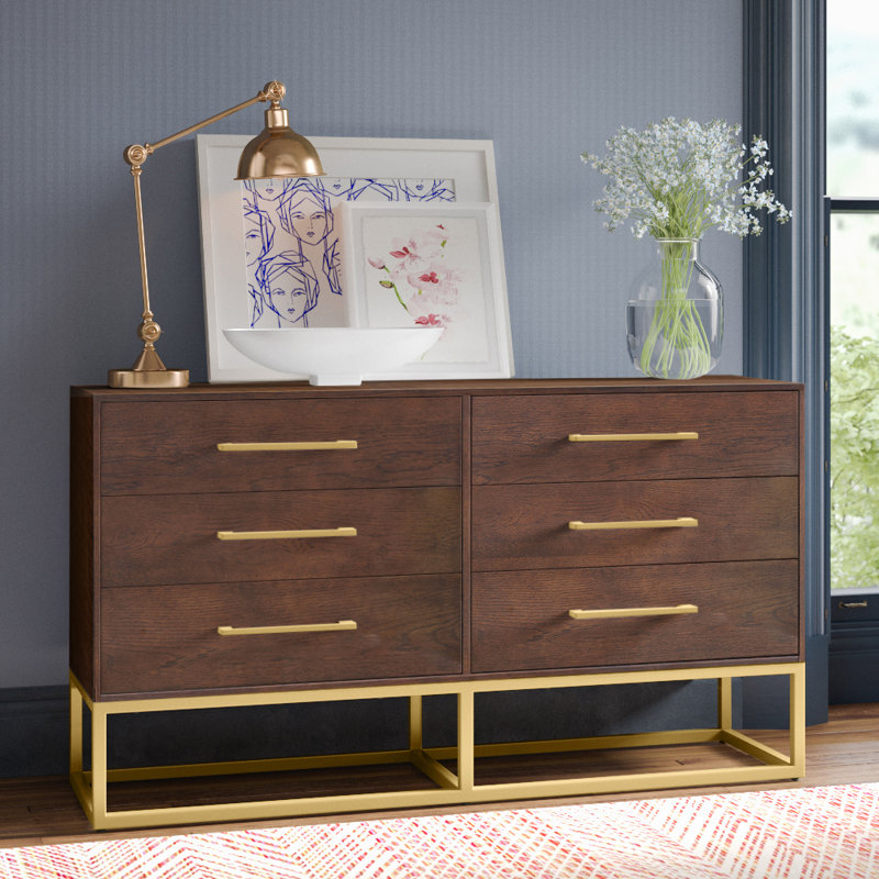Sheldon 56'' W 6 - Drawer Dresser, Gold/Walnut
