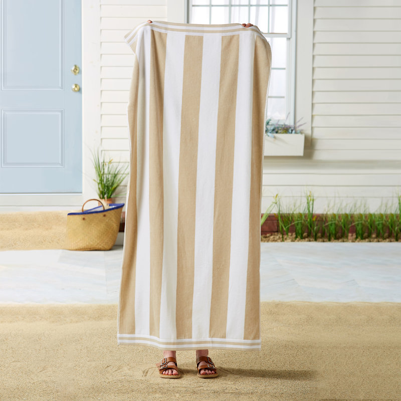 Oversized Beige and White Cotton Cabana Striped Beach Towel