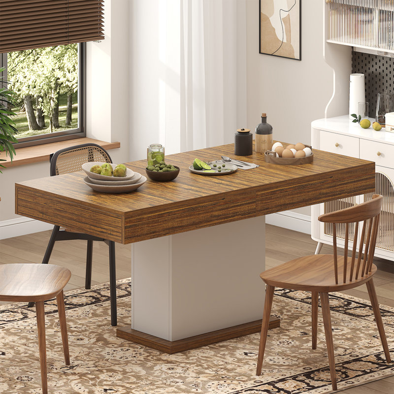 Dining Table with 2 Drawers, Modern Farmhouse Rectangular Kitchen Table for 6, Long Dining Room Tables with Led Strip for Kitchen Living Room (White& Rustic Brown)