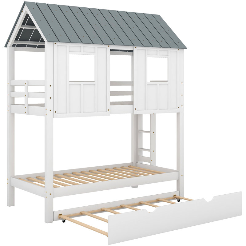 Lit superposé House avec lit gigogne, toit et fenêtres