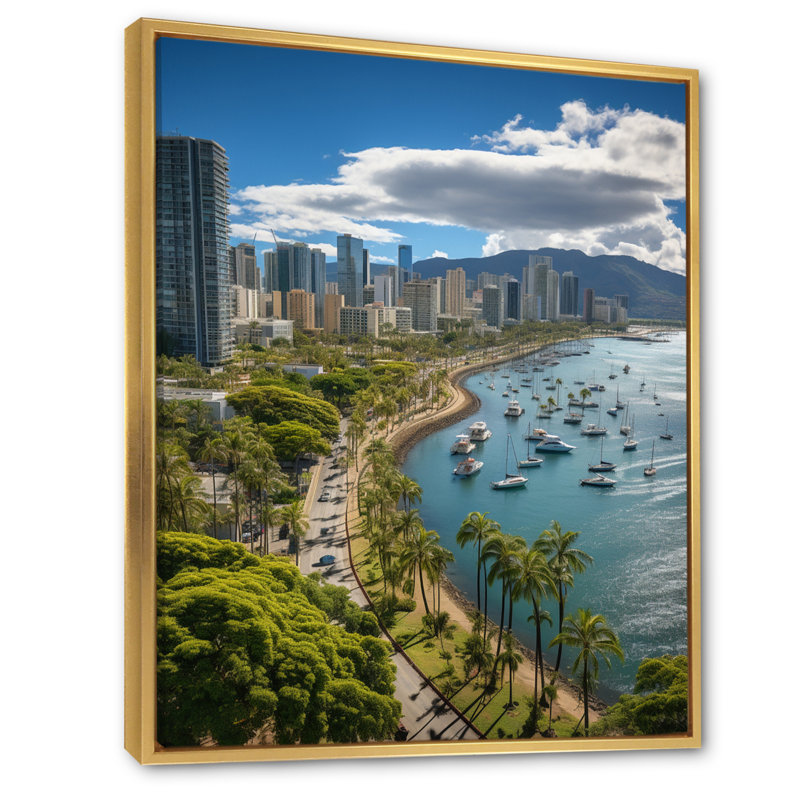 Vasbinder Honolulu Beautiful Cityscape Spot I, reproduction d'art sur toile, H 32 po x l 16 po x P 1 po, Cadre flottant doré
