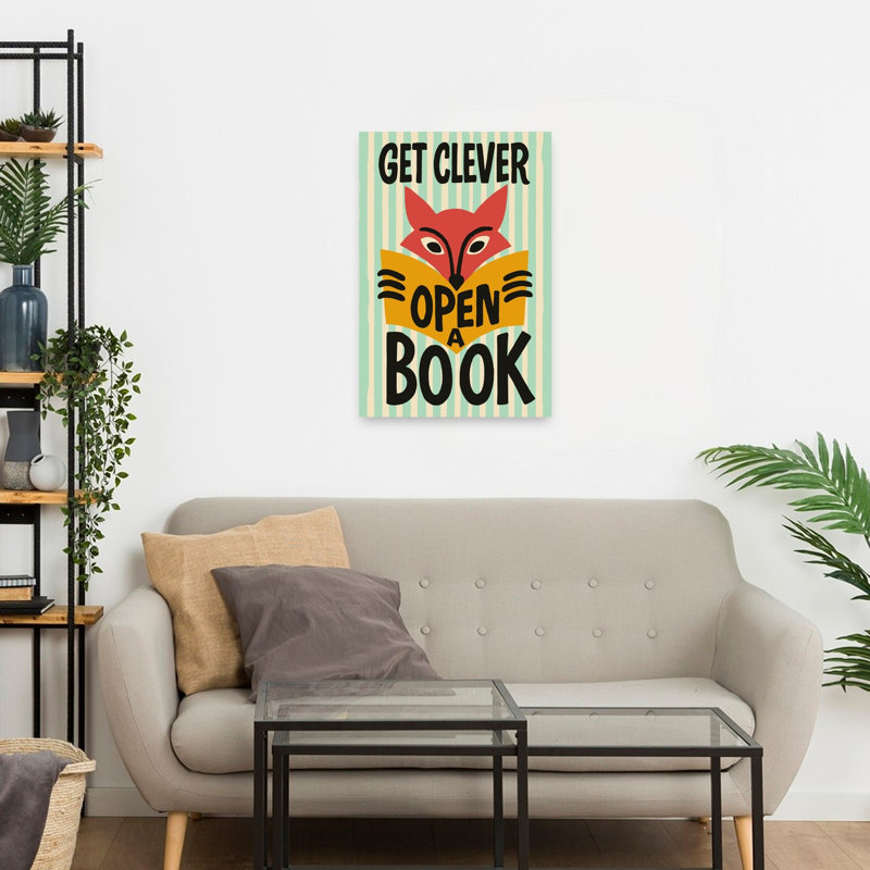 «Get Clever Open Book», impression d'art rétro rétro, fantaisiste, forêt de renard, H 24 po x l 16 po