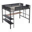 Structure de lit mezzanine pleine grandeur en acier noir avec bureau intégré et tablettes, conçue pour les petites chambres et les espaces de travail à la maison