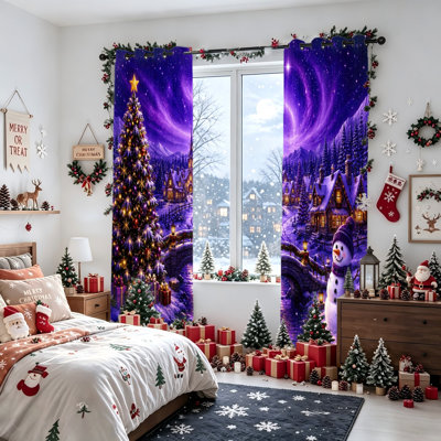 2Pcs rideaux occultants de Noël village de neige, rideaux de fenêtre bloquant la lumière de la scène nocturne de Winter Wonderland, panneaux de rideaux à oeillets isolants thermiques pour chambre à coucher, salon, décoration de maison de vacances
